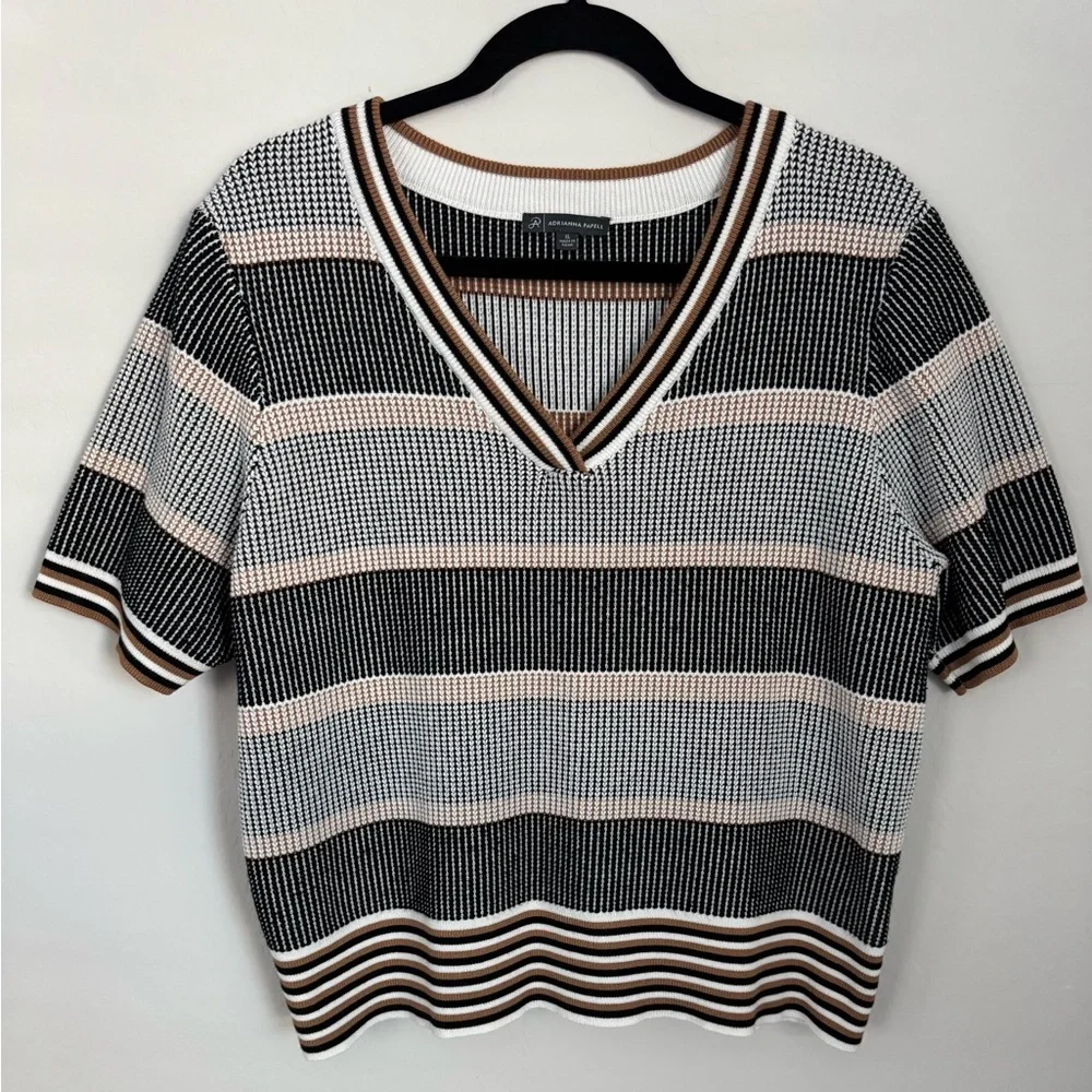 Adrianna Papell Women’s Striped V-Neck Short Sleeve Knit Top | Size XL - Picture 1 of 3